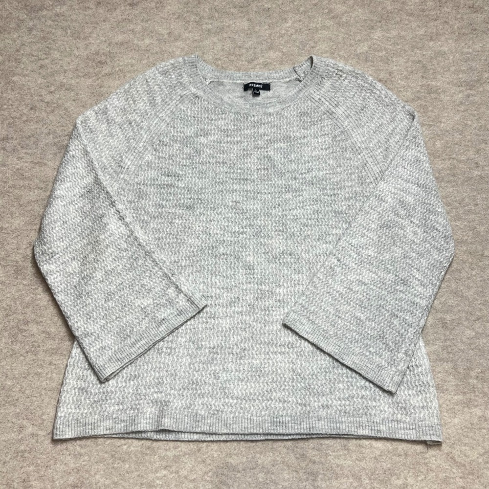 Premise Gray Textured Knit Sweater Wide 3/4 Sleeve Crew Neck Lg EUC Minimalist